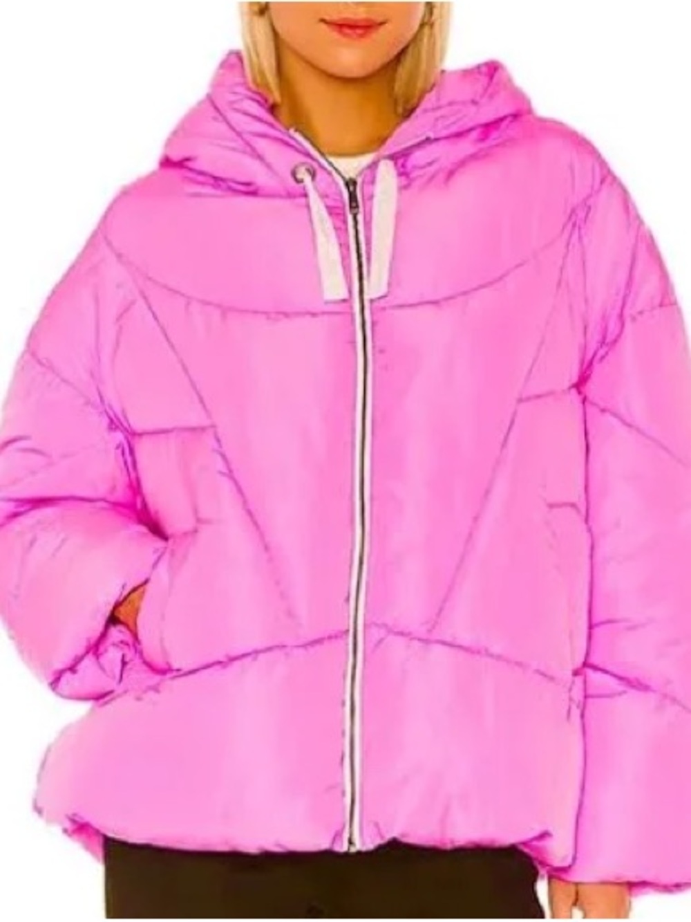 Free People Bubble Hooded Puffer Jacket in Bright Pink